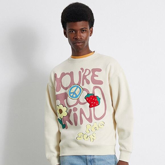 PacSun Mens Sweatshirt SZ M Retro Chenille Patch Hippie Fleece You're Too Kind - Picture 1 of 9